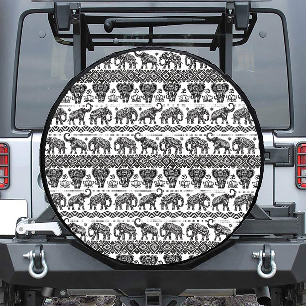White And Black Indian Elephant Print Leather Spare Tire Cover