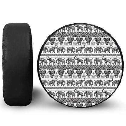 White And Black Indian Elephant Print Leather Spare Tire Cover