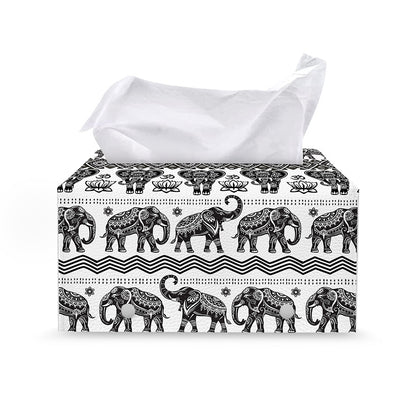 White And Black Indian Elephant Print Leather Tissue Box Cover