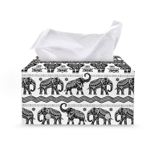 White And Black Indian Elephant Print Leather Tissue Box Cover