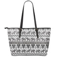 White And Black Indian Elephant Print Leather Tote Bag With Zipper