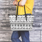 White And Black Indian Elephant Print Leather Tote Bag