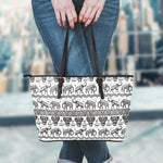 White And Black Indian Elephant Print Leather Tote Bag