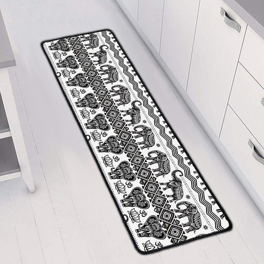 White And Black Indian Elephant Print Long Kitchen Mat