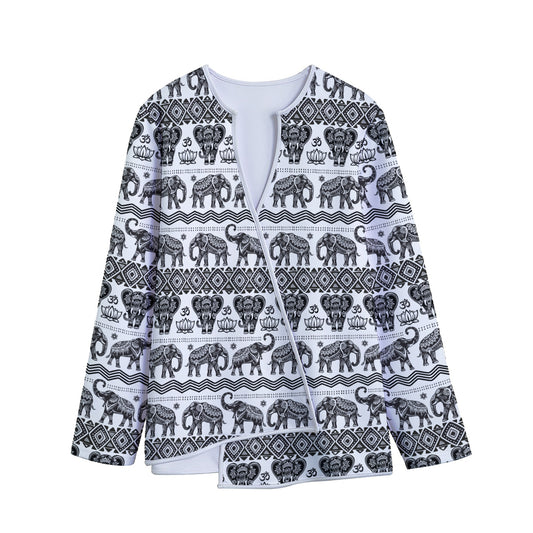 White And Black Indian Elephant Print Long Sleeve Short Coat