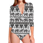 White And Black Indian Elephant Print Long Sleeve Swimsuit