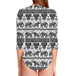 White And Black Indian Elephant Print Long Sleeve Swimsuit