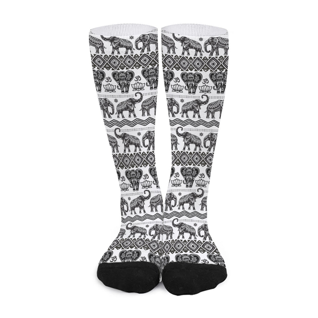 White And Black Indian Elephant Print Long Socks