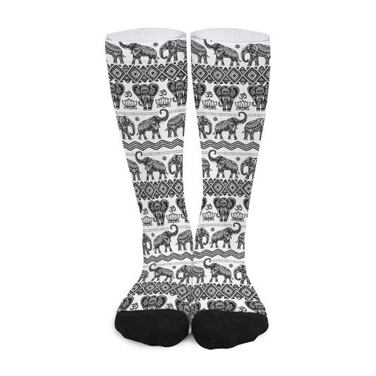 White And Black Indian Elephant Print Long Socks