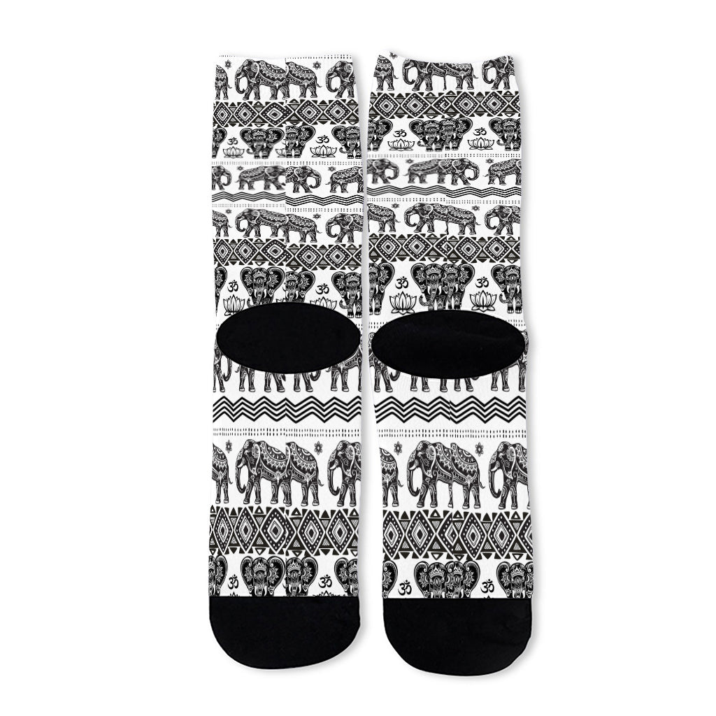 White And Black Indian Elephant Print Long Socks