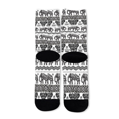 White And Black Indian Elephant Print Long Socks