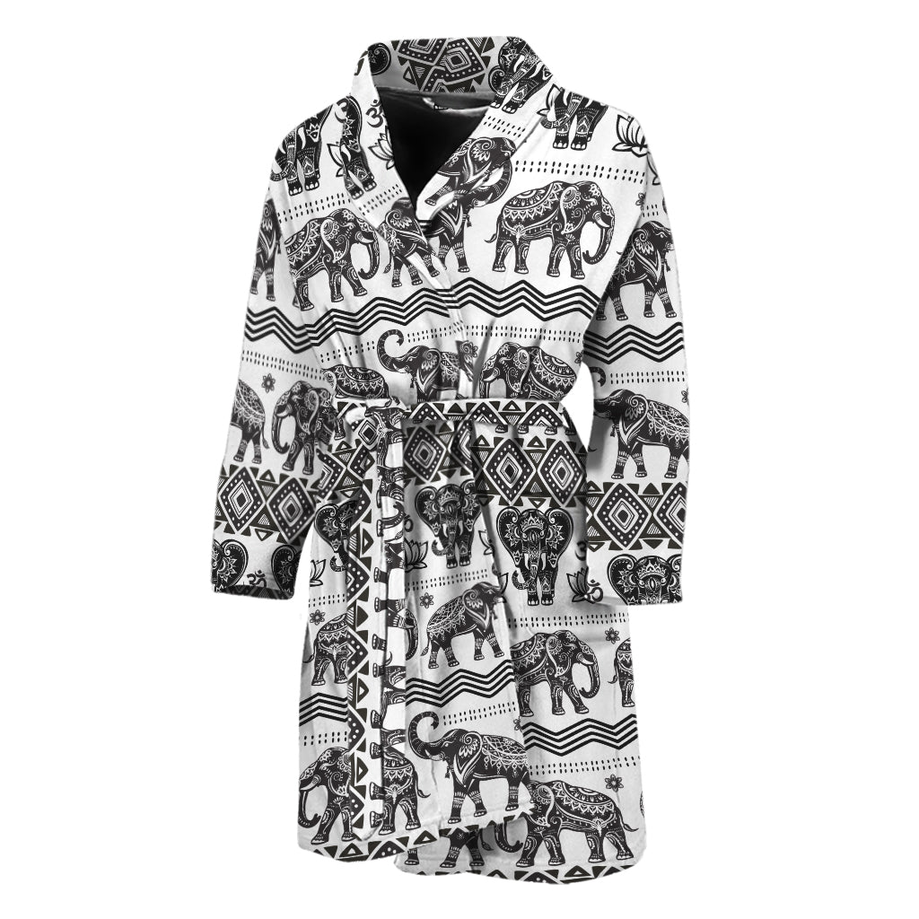 White And Black Indian Elephant Print Men's Bathrobe