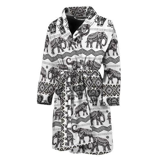 White And Black Indian Elephant Print Men's Bathrobe