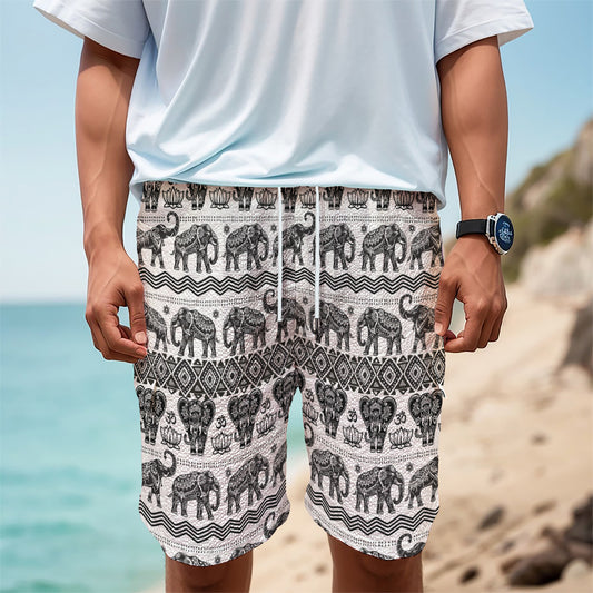 White And Black Indian Elephant Print Men's Cargo Shorts