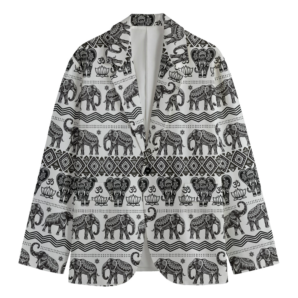 White And Black Indian Elephant Print Men's Cotton Blazer