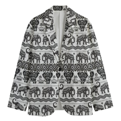 White And Black Indian Elephant Print Men's Cotton Blazer
