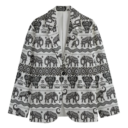 White And Black Indian Elephant Print Men's Cotton Blazer