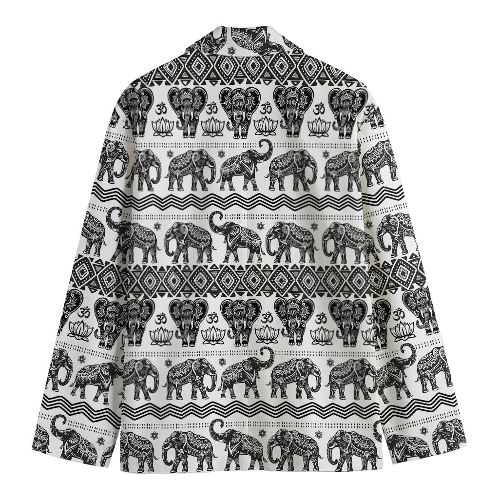 White And Black Indian Elephant Print Men's Cotton Blazer