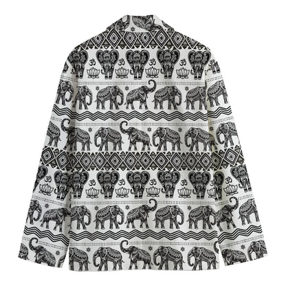 White And Black Indian Elephant Print Men's Cotton Blazer