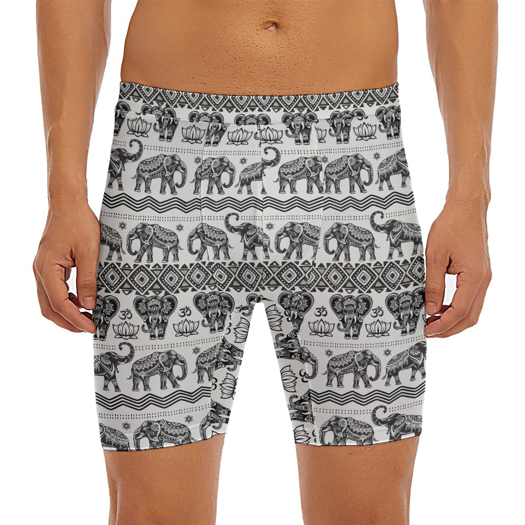 White And Black Indian Elephant Print Men's Long Boxer Briefs