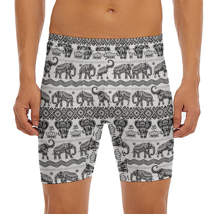 White And Black Indian Elephant Print Men's Long Boxer Briefs