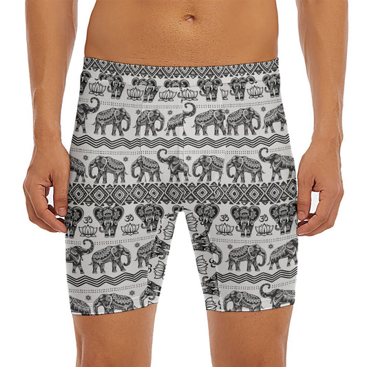 White And Black Indian Elephant Print Men's Long Boxer Briefs