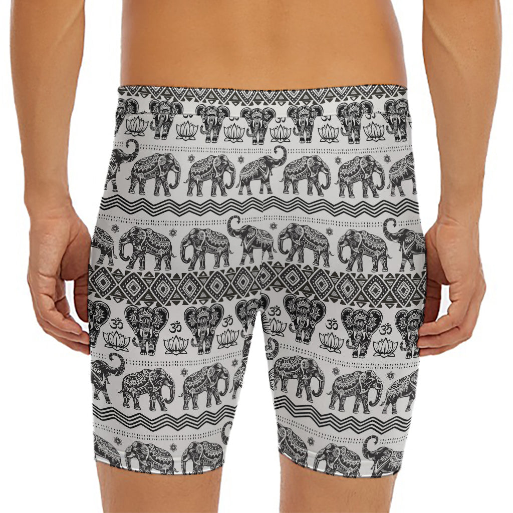 White And Black Indian Elephant Print Men's Long Boxer Briefs