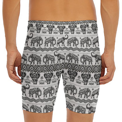 White And Black Indian Elephant Print Men's Long Boxer Briefs