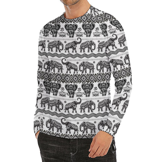 White And Black Indian Elephant Print Men's Long Sleeve Rash Guard