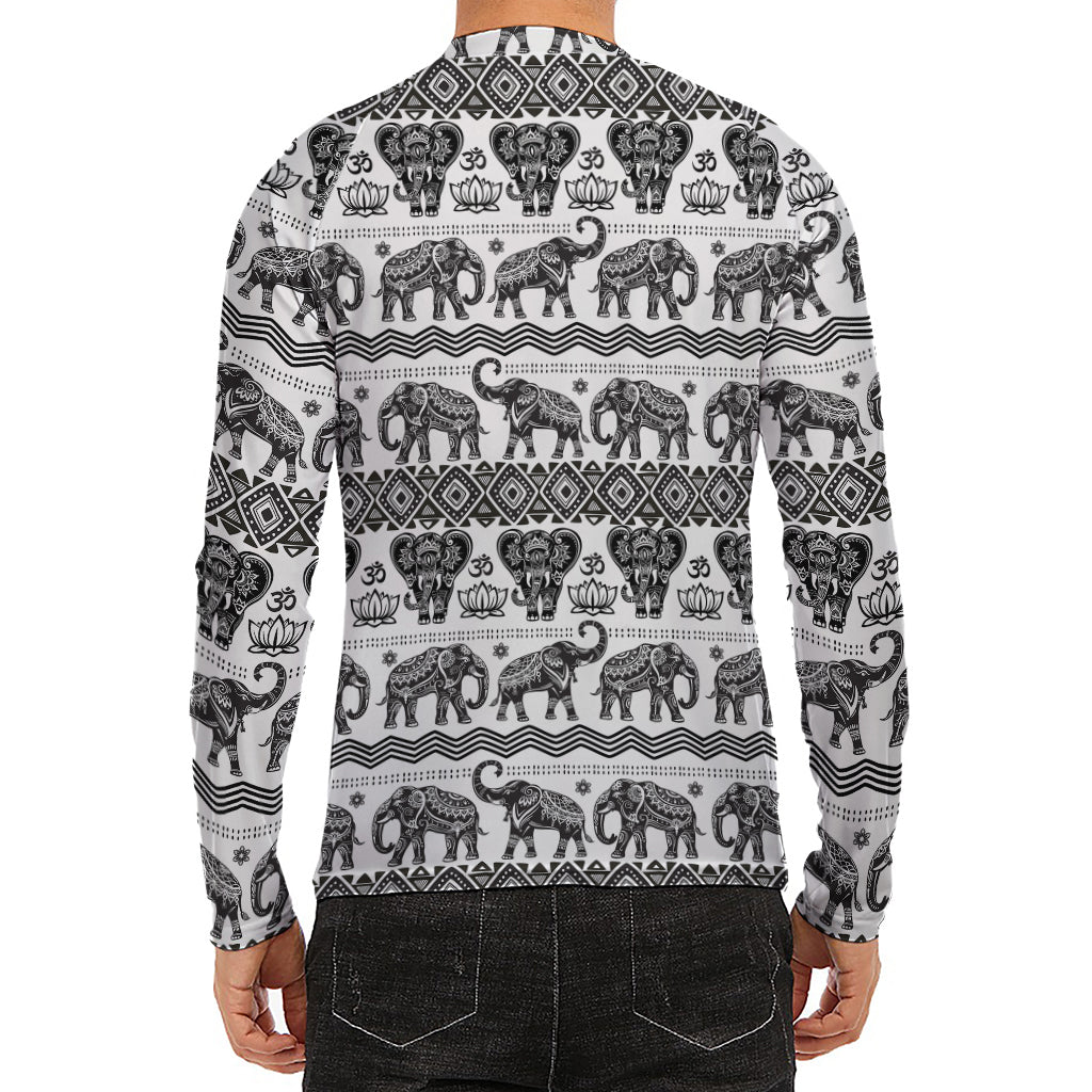 White And Black Indian Elephant Print Men's Long Sleeve Rash Guard