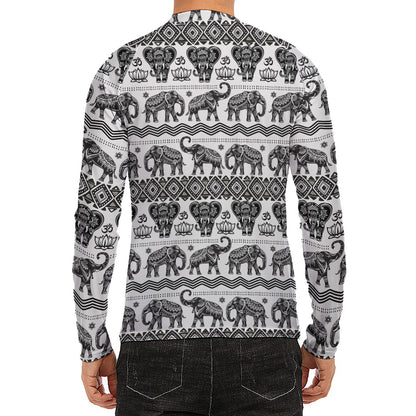 White And Black Indian Elephant Print Men's Long Sleeve Rash Guard