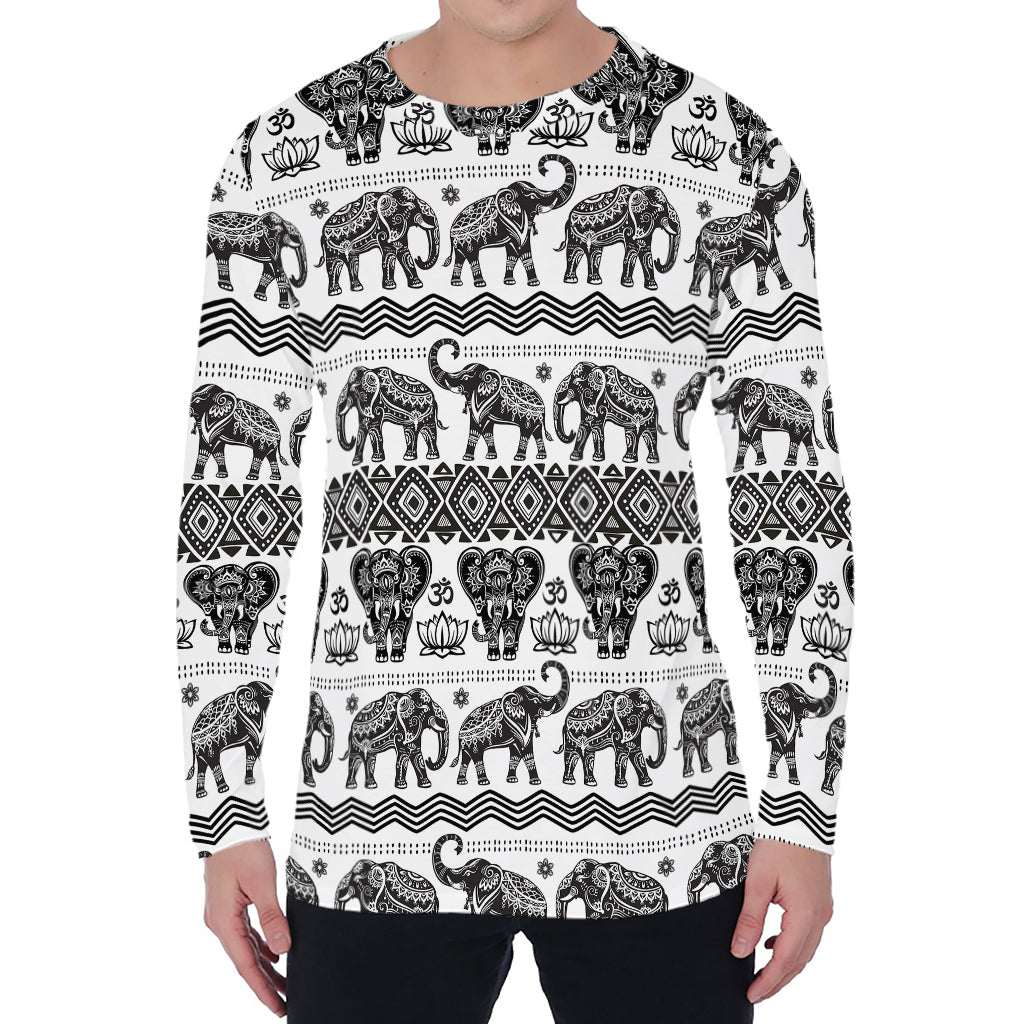 White And Black Indian Elephant Print Men's Long Sleeve T-Shirt