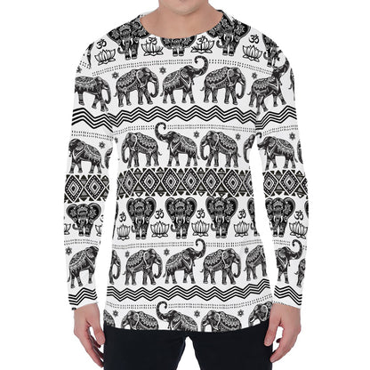 White And Black Indian Elephant Print Men's Long Sleeve T-Shirt