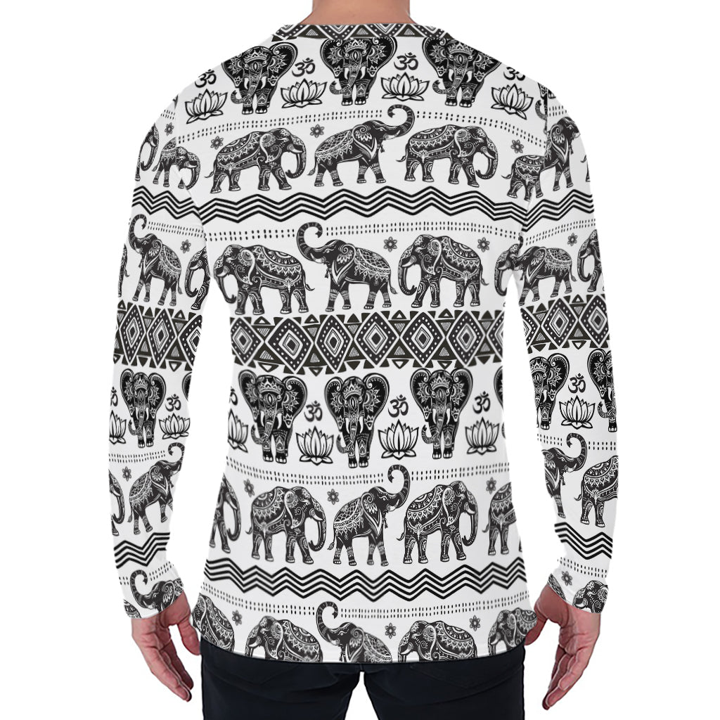 White And Black Indian Elephant Print Men's Long Sleeve T-Shirt