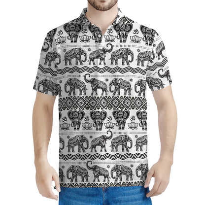 White And Black Indian Elephant Print Men's Polo Shirt