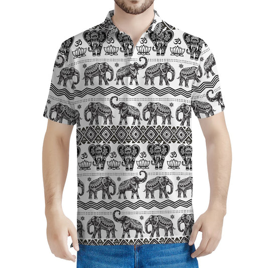 White And Black Indian Elephant Print Men's Polo Shirt