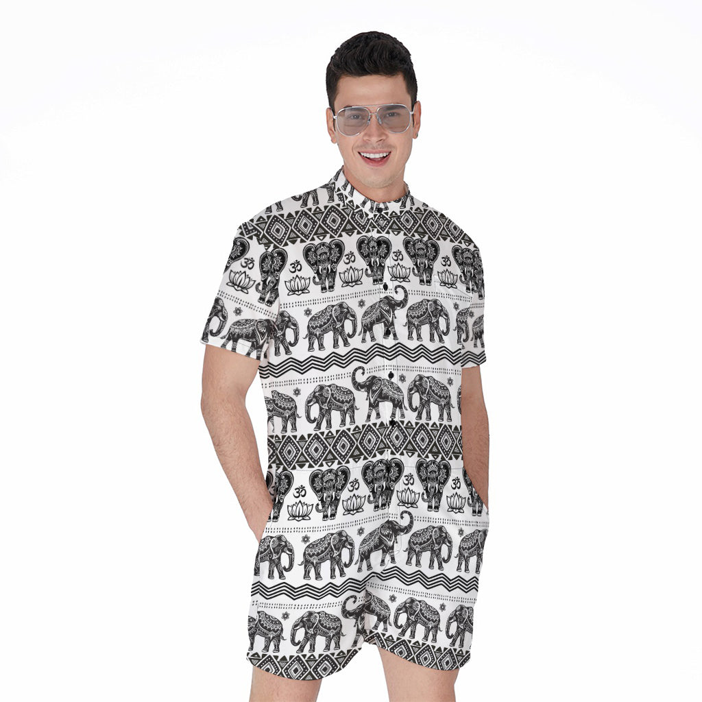 White And Black Indian Elephant Print Men's Rompers