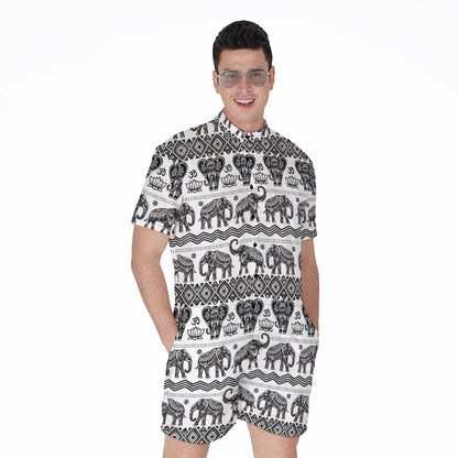 White And Black Indian Elephant Print Men's Rompers