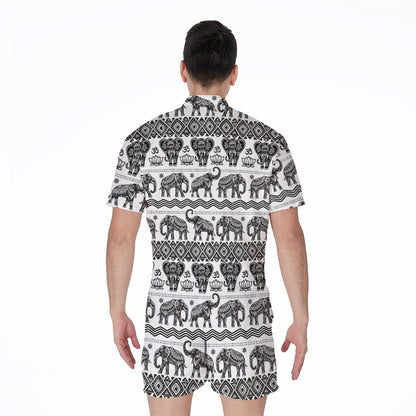White And Black Indian Elephant Print Men's Rompers