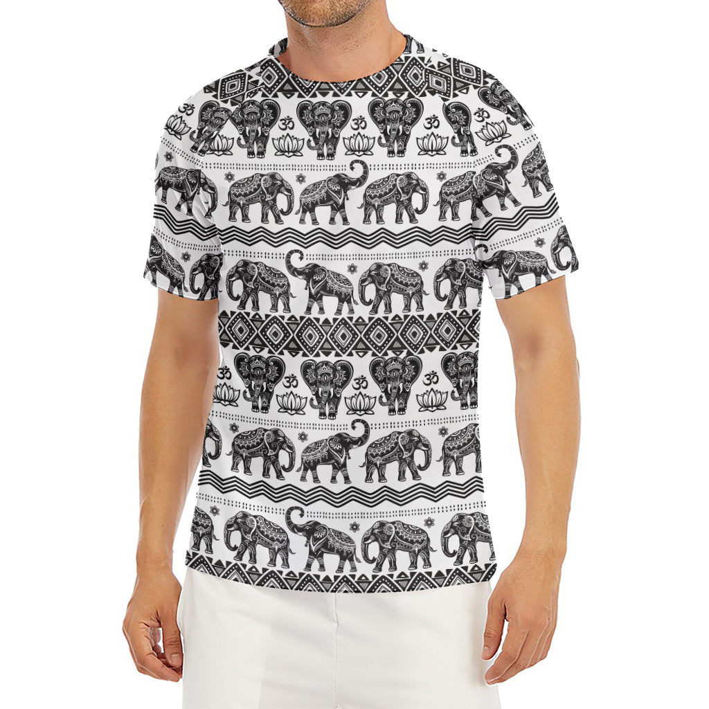 White And Black Indian Elephant Print Men's Short Sleeve Rash Guard