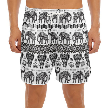 White And Black Indian Elephant Print Men's Split Running Shorts