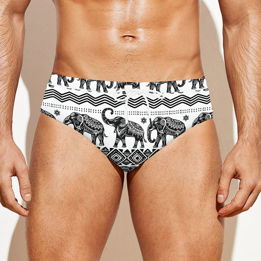 White And Black Indian Elephant Print Men's Swim Briefs