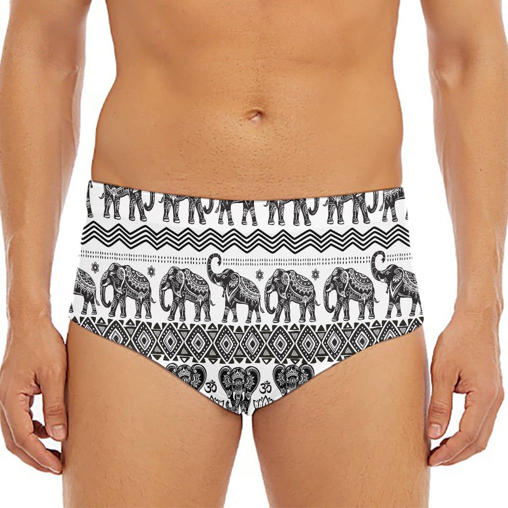 White And Black Indian Elephant Print Men's Triangle Swim Briefs