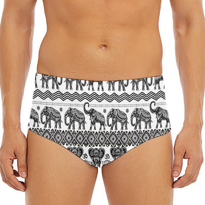 White And Black Indian Elephant Print Men's Triangle Swim Briefs