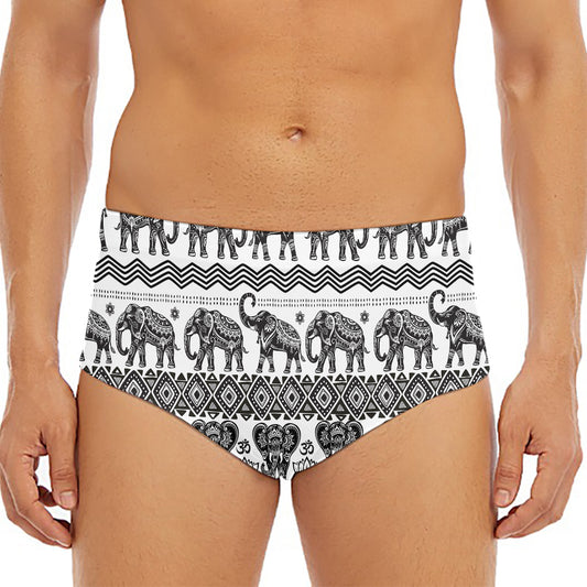 White And Black Indian Elephant Print Men's Triangle Swim Briefs