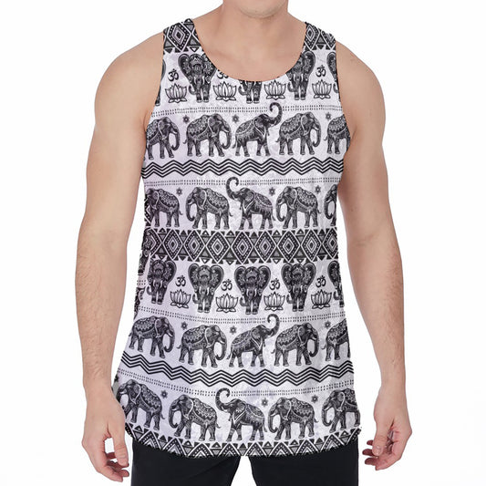 White And Black Indian Elephant Print Men's Velvet Tank Top