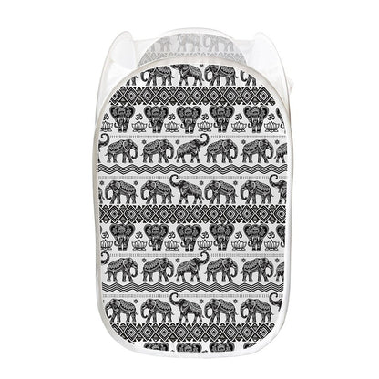 White And Black Indian Elephant Print Mesh Laundry Hamper