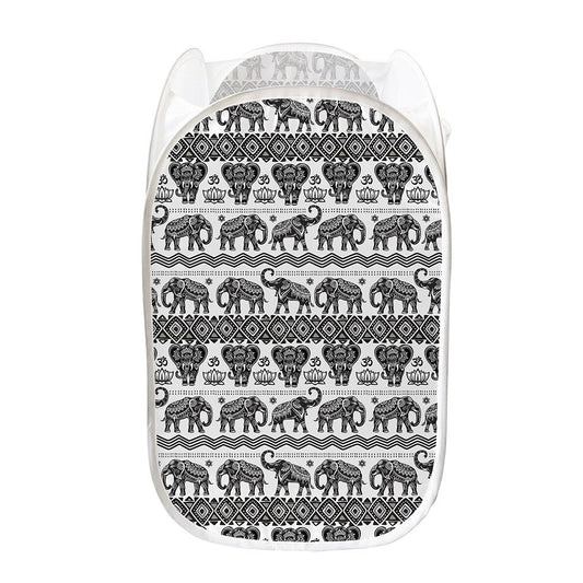 White And Black Indian Elephant Print Mesh Laundry Hamper