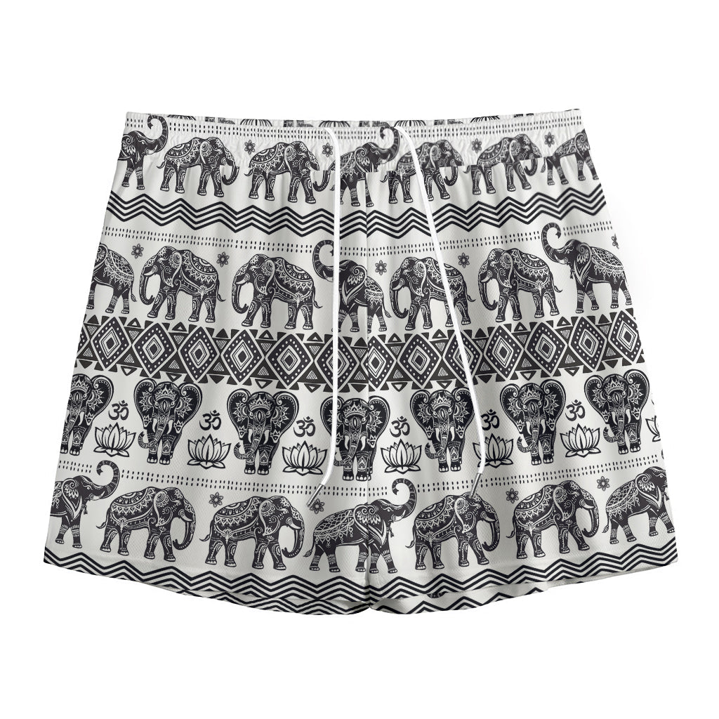 White And Black Indian Elephant Print Mesh Shorts