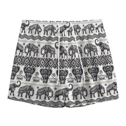 White And Black Indian Elephant Print Mesh Shorts